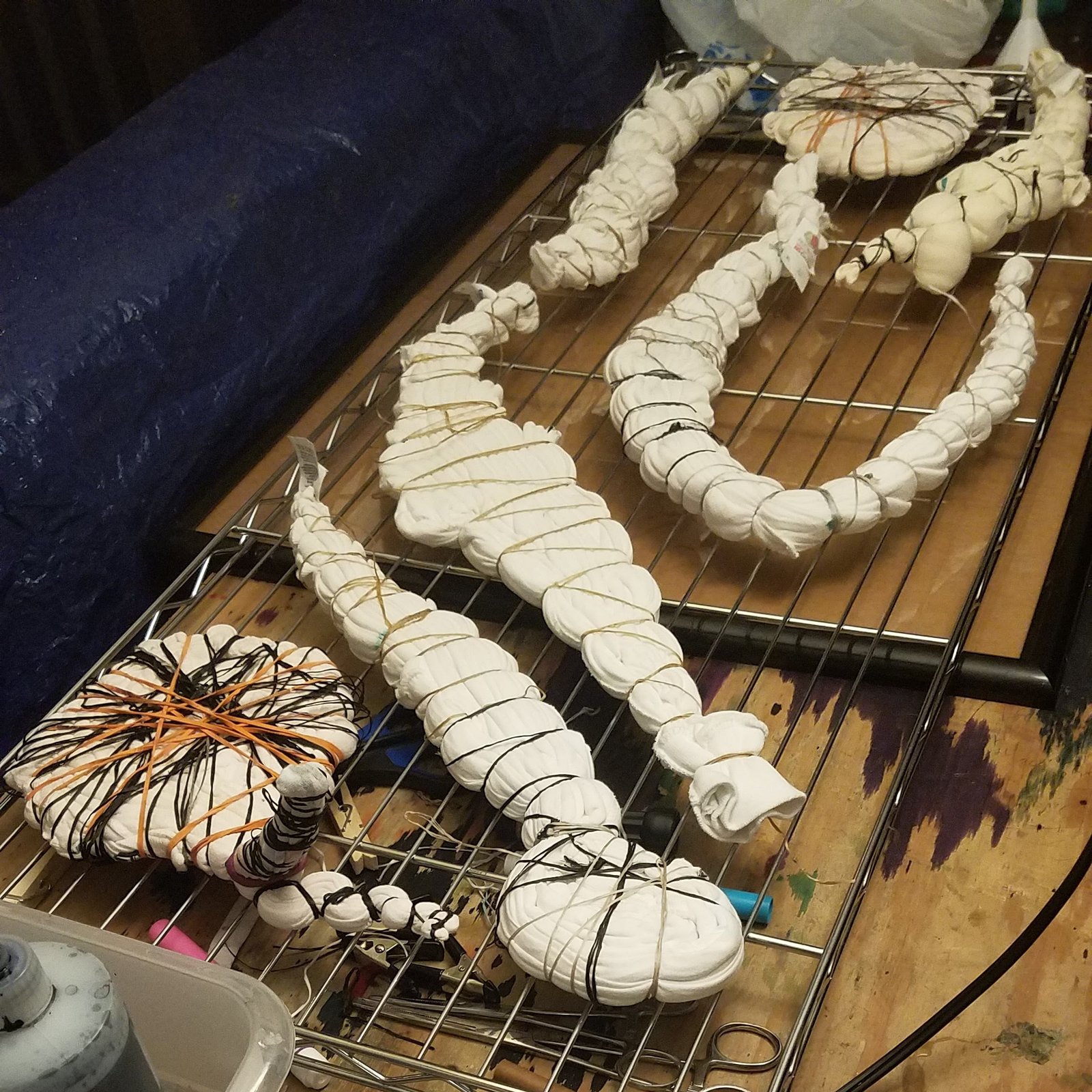 Tied white fabric prepared for dyeing